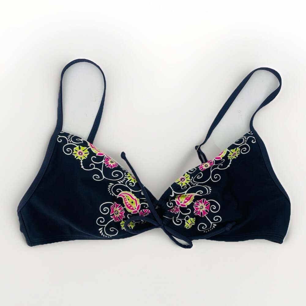 Athleta Bikini Top Womens Medium Navy Blue Floral Embroidered Triangle Swimwear